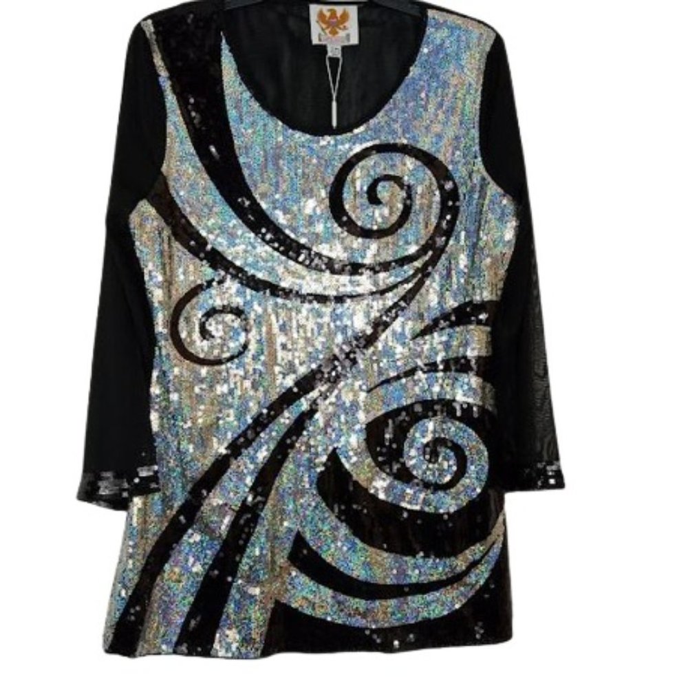 Ameri Mode Womens Tunic Black Silver Sequined Art to Wear Chiffon M New
